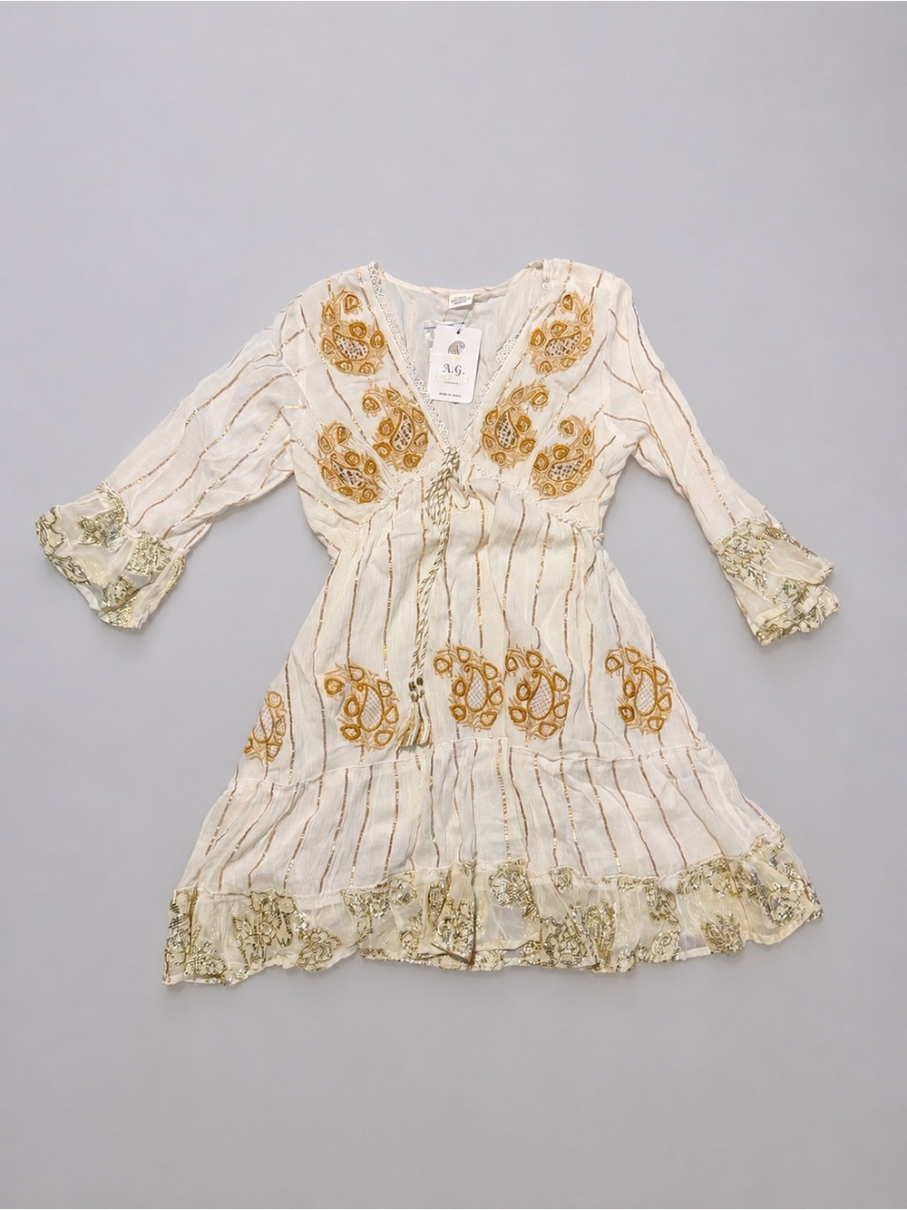 Ivory Mini Dress with Gold Embroidered Accents - Picture 3 of 5